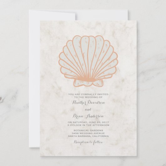 Oranje Rustic Seashell Wedding Invite Kaart (Voorkant)