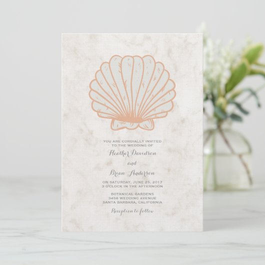 Oranje Rustic Seashell Wedding Invite Kaart (Staand voorkant)