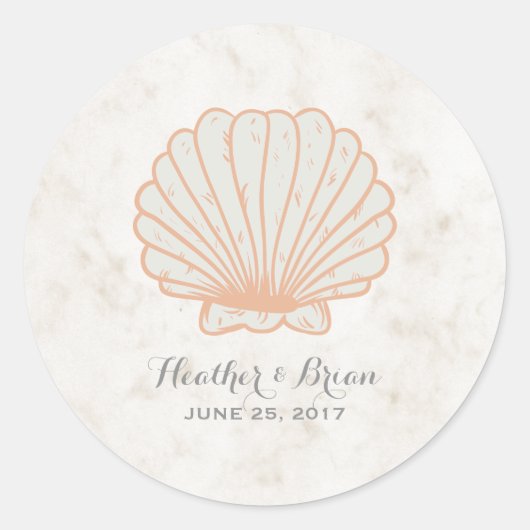 Oranje Rustic Seashell Wedding Ronde Sticker (Voorkant)