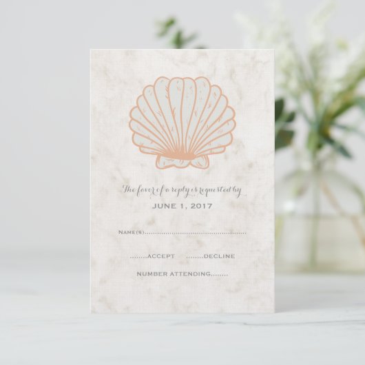 Oranje Rustic Seashell Wedding RSVP Kaart (Staand voorkant)