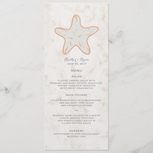 Oranje Rustic Starfish Wedding Menu (Voorkant)