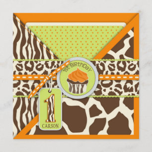 Oranje Safari & Cupcake First Birthday Kaart