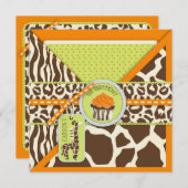Oranje Safari Giraffe en Cupcake First Birthday Kaart (Voorkant / Achterkant)