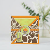 Oranje Safari Giraffe en Cupcake First Birthday Kaart (Staand voorkant)