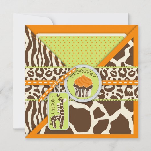 Oranje Safari Giraffe en Cupcake First Birthday Kaart (Voorkant)