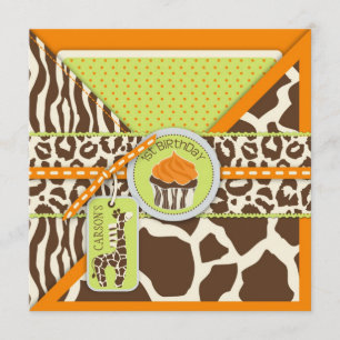 Oranje Safari Giraffe en Cupcake First Birthday Kaart