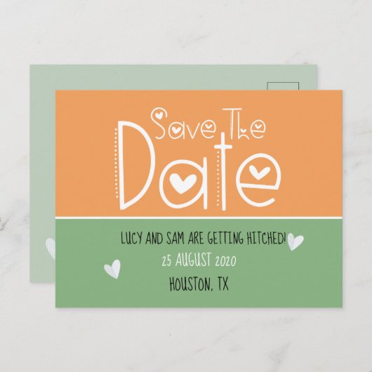 Oranje Sage Green Moderne Typografie Bewaar de Dat Aankondigingskaart (Voorkant / Achterkant)