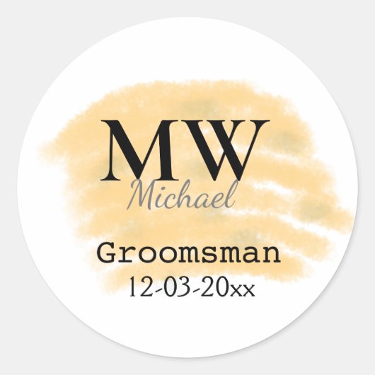 Oranje salie groene bruidsjonker naam letter datum ronde sticker (Voorkant)