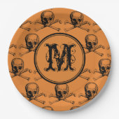 Oranje schedel Halloween gepersonaliseerd monogram Papieren Bordje (Voorkant)