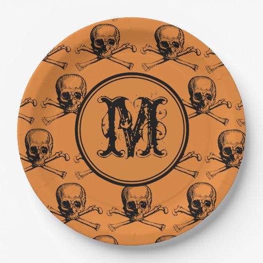 Oranje schedel Halloween gepersonaliseerd monogram Papieren Bordje (Voorkant)