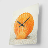 Oranje schelp rechtop in zand vierkante klok (Hoek)