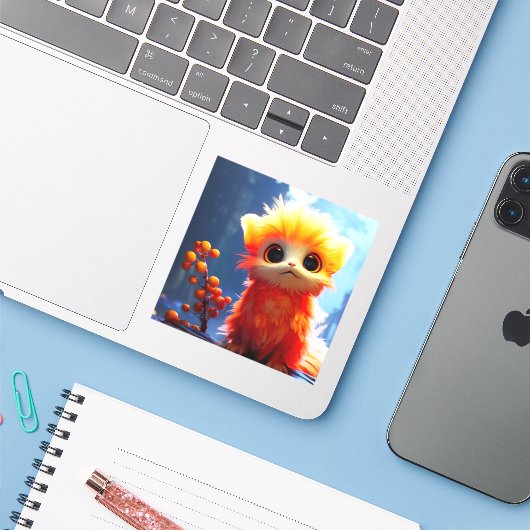 Oranje schepsel sticker (Laptop met iPhone)