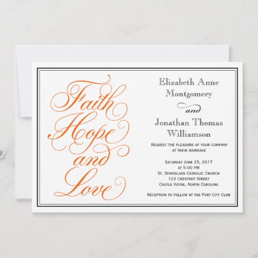 Oranje Script Faith Hope Love Wedding Invitation Kaart (Voorkant)