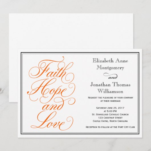 Oranje Script Faith Hope Love Wedding Invitation Kaart (Voorkant / Achterkant)
