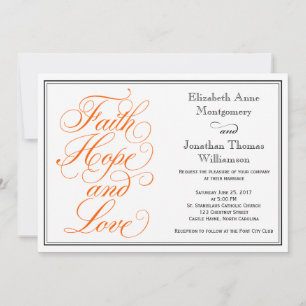 Oranje Script Faith Hope Love Wedding Invitation Kaart