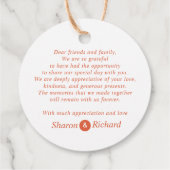 Oranje script kalligrafie Dank U val bruiloft Bedankjes Labels (Achterkant)