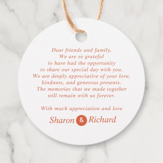 Oranje script kalligrafie Dank U val bruiloft Bedankjes Labels (Achterkant)