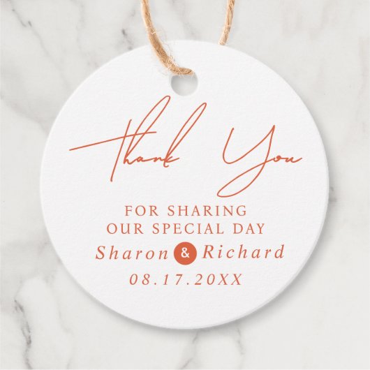 Oranje script kalligrafie Dank U val bruiloft Bedankjes Labels (Voorkant)