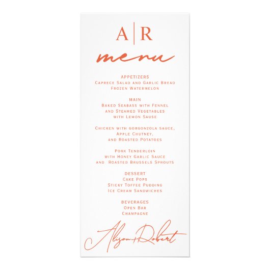 Oranje script kalligrafie val bruiloft menukaart reclamekaart (Voorkant)