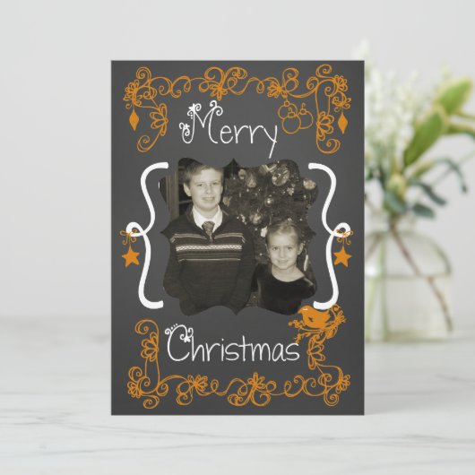 Oranje Scrolls Gepersonaliseerd Foto Vakantie Kaar Feestdagenkaart (Staand voorkant)