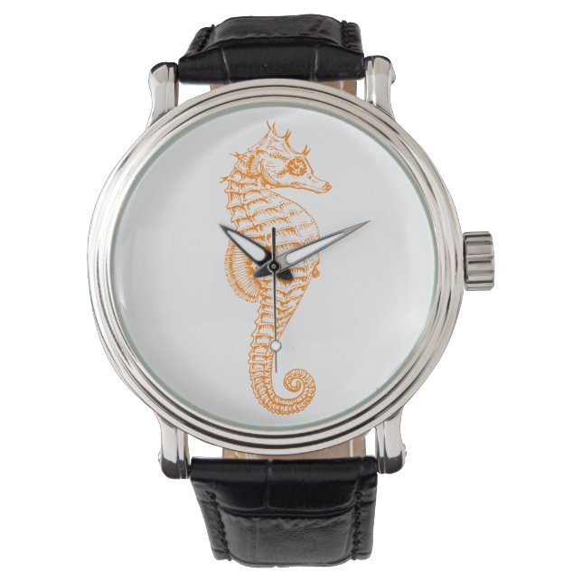 Oranje Seahorse Watch  lederen riem zwart Horloge (Voorkant)