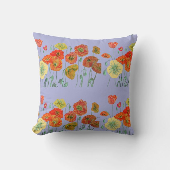 Oranje Shabby Poppy Floral Pastel Paars Lila Kussen (Voorkant)