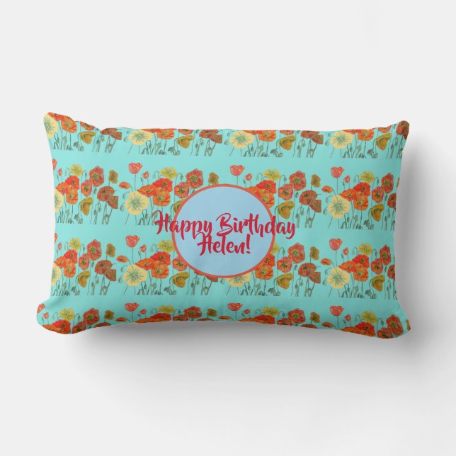 Oranje Shabby Poppy Flowers Lumbar Cushion Aqua Kussen (Voorkant)