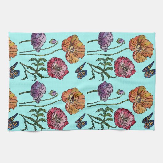 Oranje Shabby Poppy Waterverf Tea Towel Aqua Theedoek (Horizontaal)