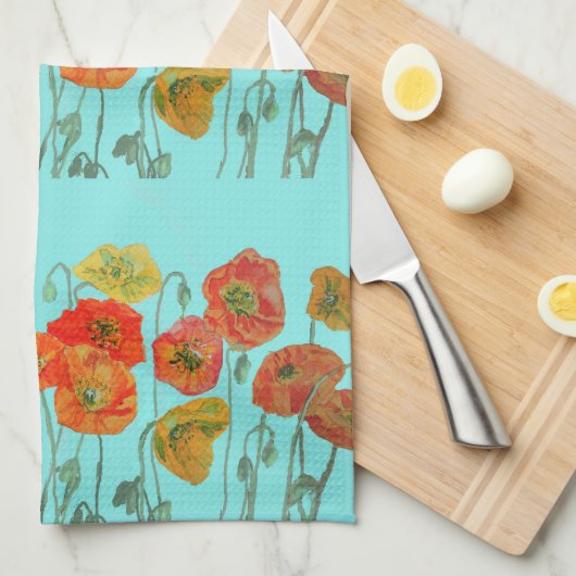 Oranje Shabby Poppy Waterverf Tea Towel Aqua Theedoek (Quarter Fold)