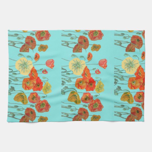 Oranje Shabby Poppy Waterverf Tea Towel Aqua Theedoek (Horizontaal)