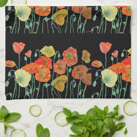 Oranje Shabby Poppy Waterverf Tea Towel Black Theedoek (Gevouwen)