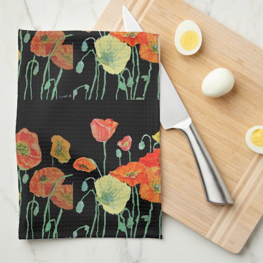 Oranje Shabby Poppy Waterverf Tea Towel Black Theedoek (Quarter Fold)