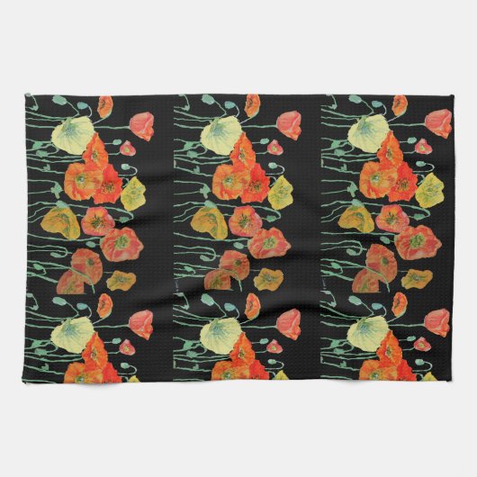 Oranje Shabby Poppy Waterverf Tea Towel Black Theedoek (Horizontaal)