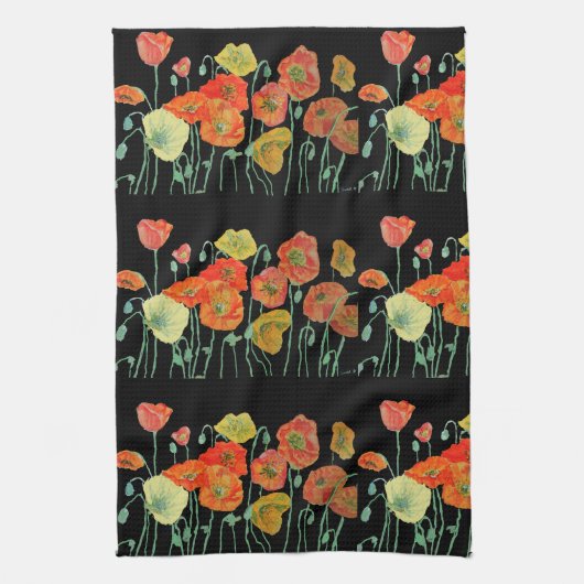 Oranje Shabby Poppy Waterverf Tea Towel Black Theedoek (Verticaal)
