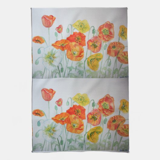 Oranje Shabby Poppy Waterverf Tea Towel Theedoek (Verticaal)