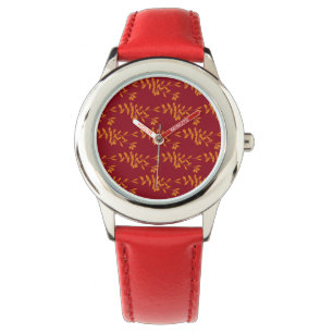 Oranje silhouetbladeren op rood horloge