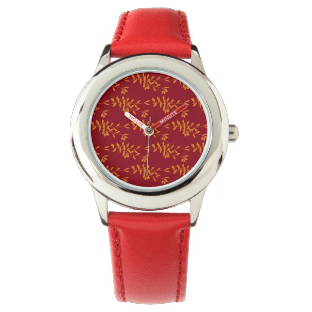 Oranje silhouetbladeren op rood horloge (Voorkant)