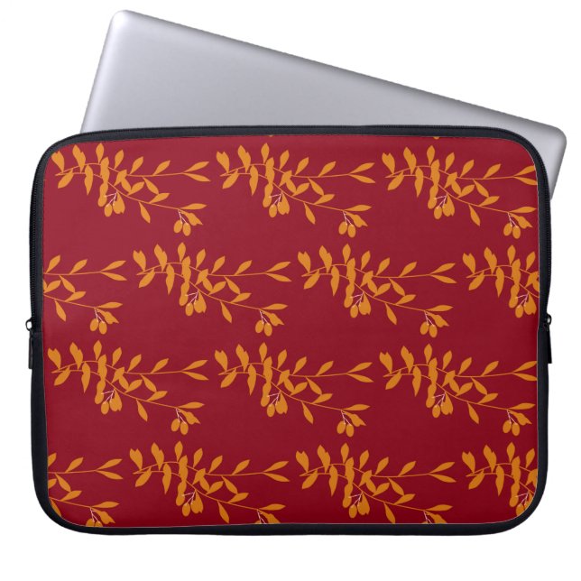 Oranje silhouetbladeren op rood laptop sleeve (Voorkant)