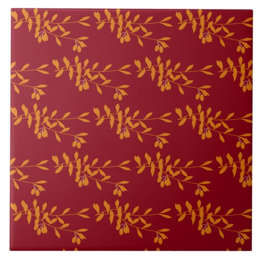 Oranje silhouetbladeren op rood tegeltje (Voorkant)