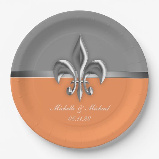 Oranje Silver Fleur de Lis Papieren Bordje (Voorkant)