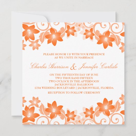 Oranje Simple Floral Wedding Invite Kaart (Voorkant)
