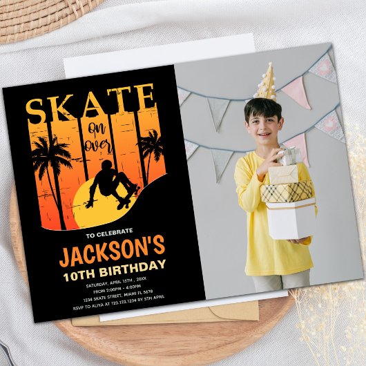 Oranje skateboard Birthday Invitation foto Kaart