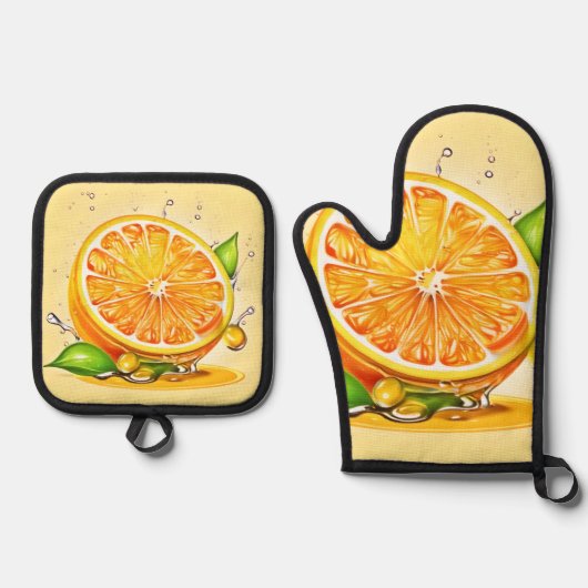 Oranje slice splash ovenwant & pannenlap set (Voorkant)