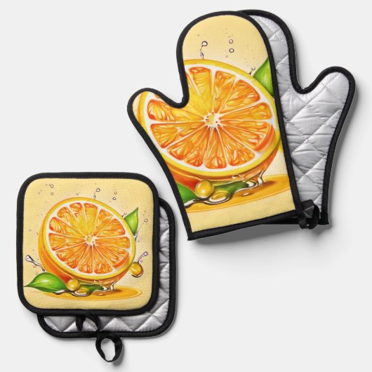 Oranje slice splash ovenwant & pannenlap set (Voorkant / Achterkant)