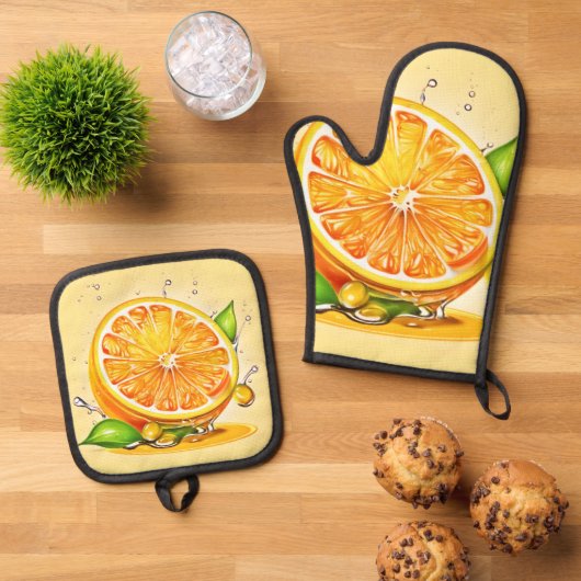 Oranje slice splash ovenwant & pannenlap set (Top down)
