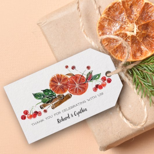 Oranje slices en kerstfeestdagen cadeaulabel