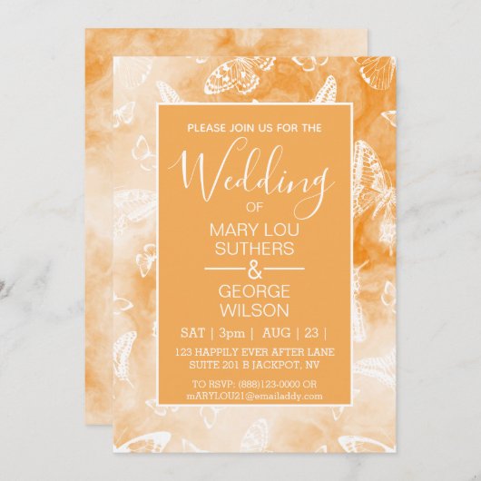Oranje Smokey Marble Butterflies Wedding Kaart (Voorkant / Achterkant)
