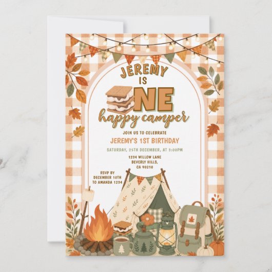 Oranje S'mores Camping Jongen Kamperen Gingham Kaart (Voorkant)