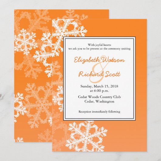 Oranje Sneeuwvlokken Kerst huwelijksuitnodiging Kaart (Voorkant / Achterkant)