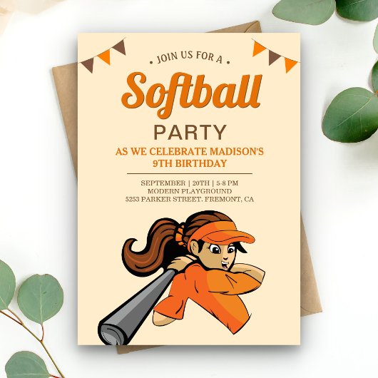 Oranje Softball Birthday Party Kaart
